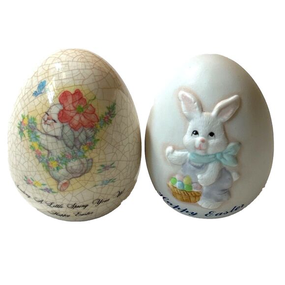 2 Vintage Easter Spring Porcelain Eggs - Taiwan ROC - Bunny Rabbit Flower Basket - Picture 1 of 11